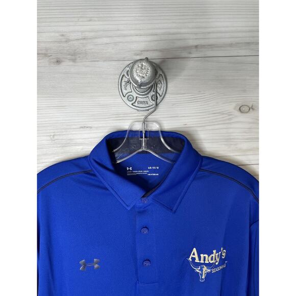 Under Armour Polo Shirt Mens Large Blue HeatGear Loose Fit Andy's Seasoning - Picture 2 of 13